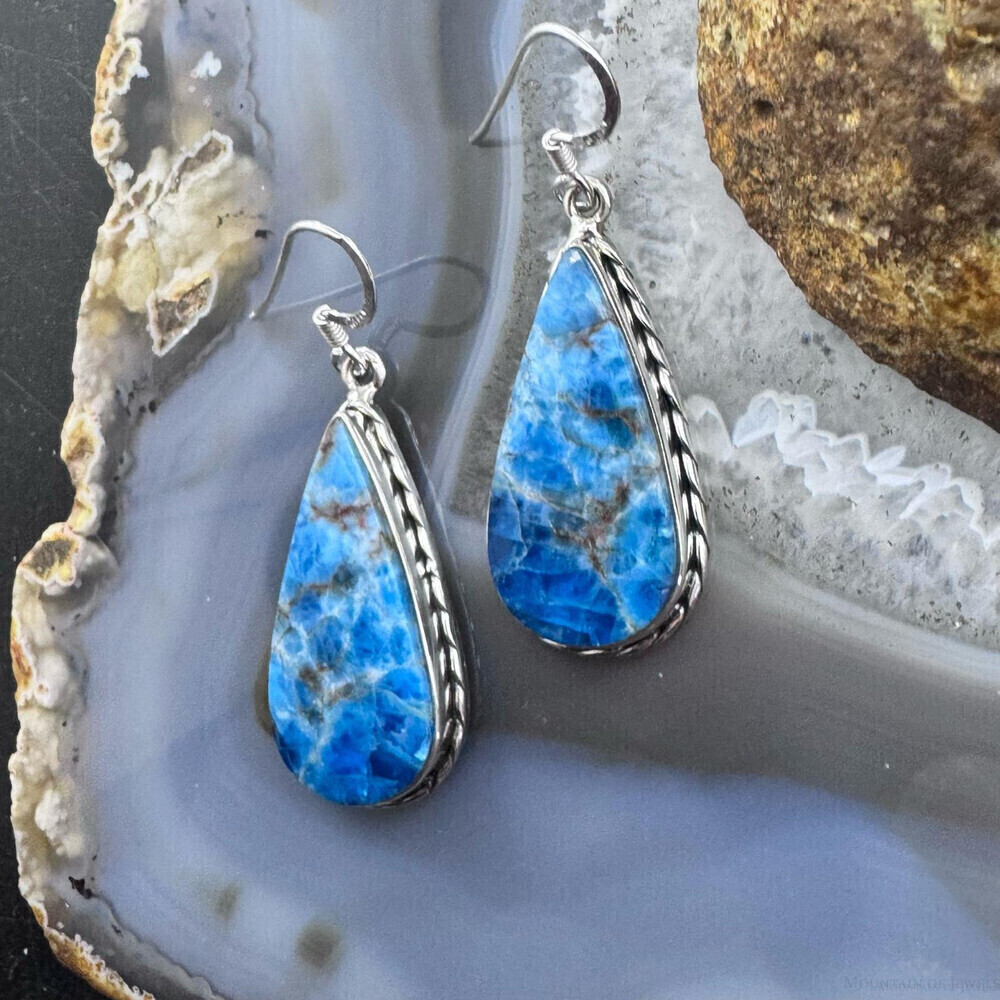 Sterling Silver Southwestern Style Apatite Teardrop Dangle Earrings For Women - Picture 6 of 10